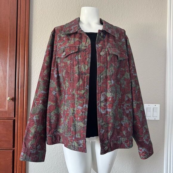 CJ Banks Red and Green Jean Jacket with Floral Pattern X - Picture 11 of 12